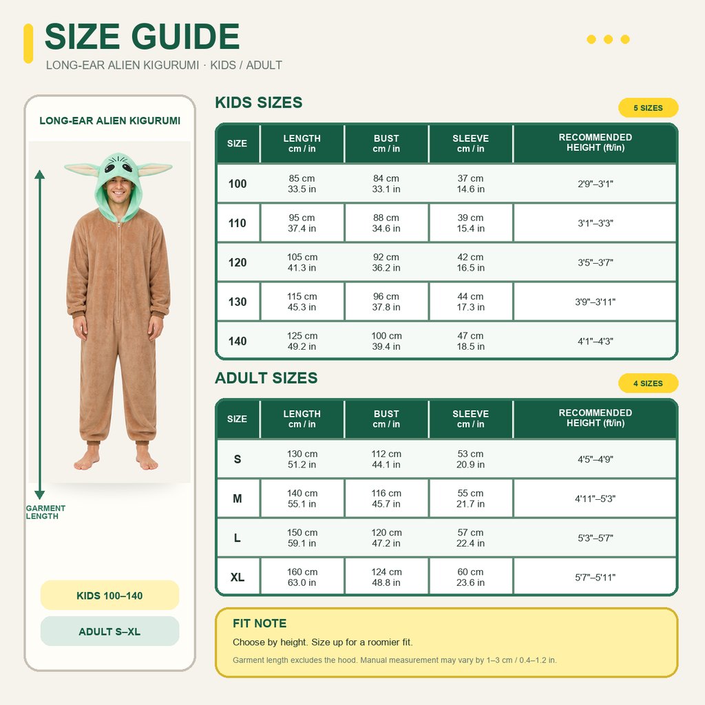 Grogu kigurumi onesie — 09 size guide