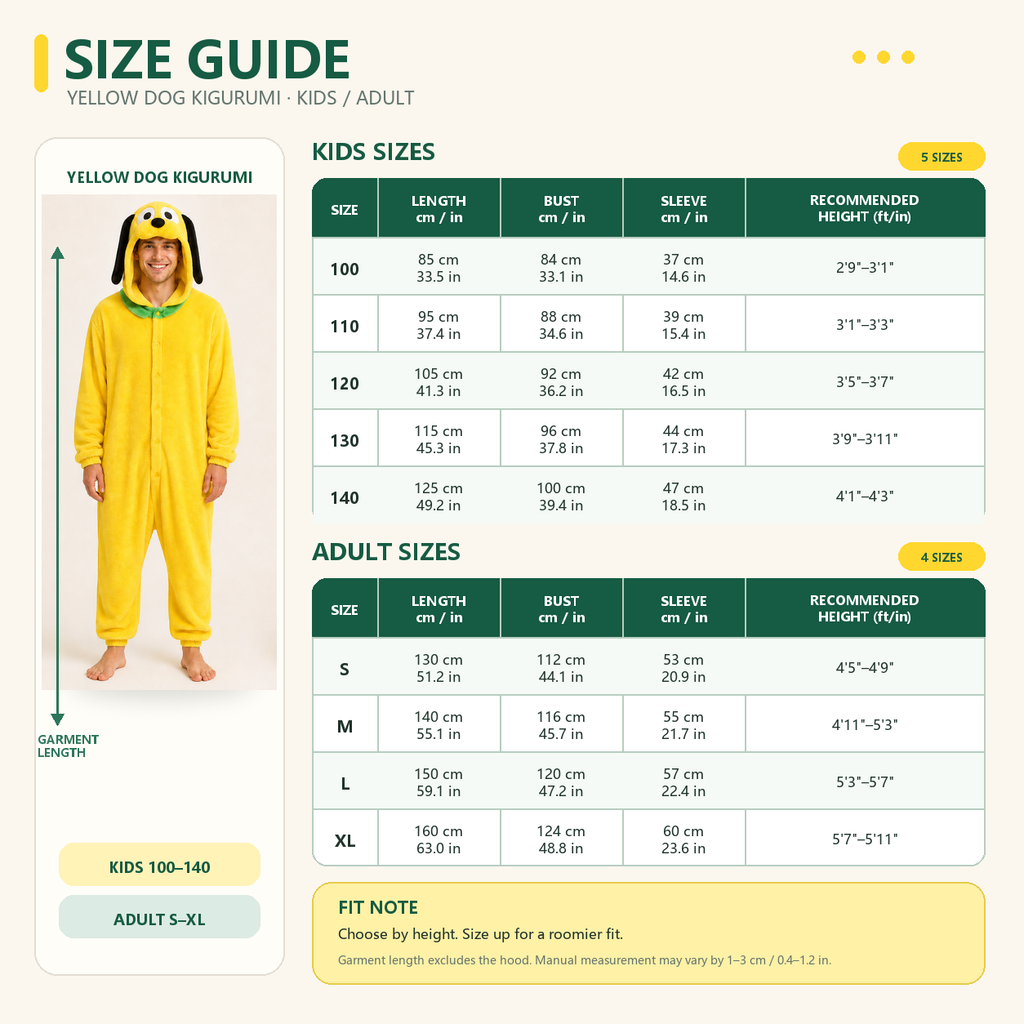 Jake the Dog kigurumi kids and adult size guide