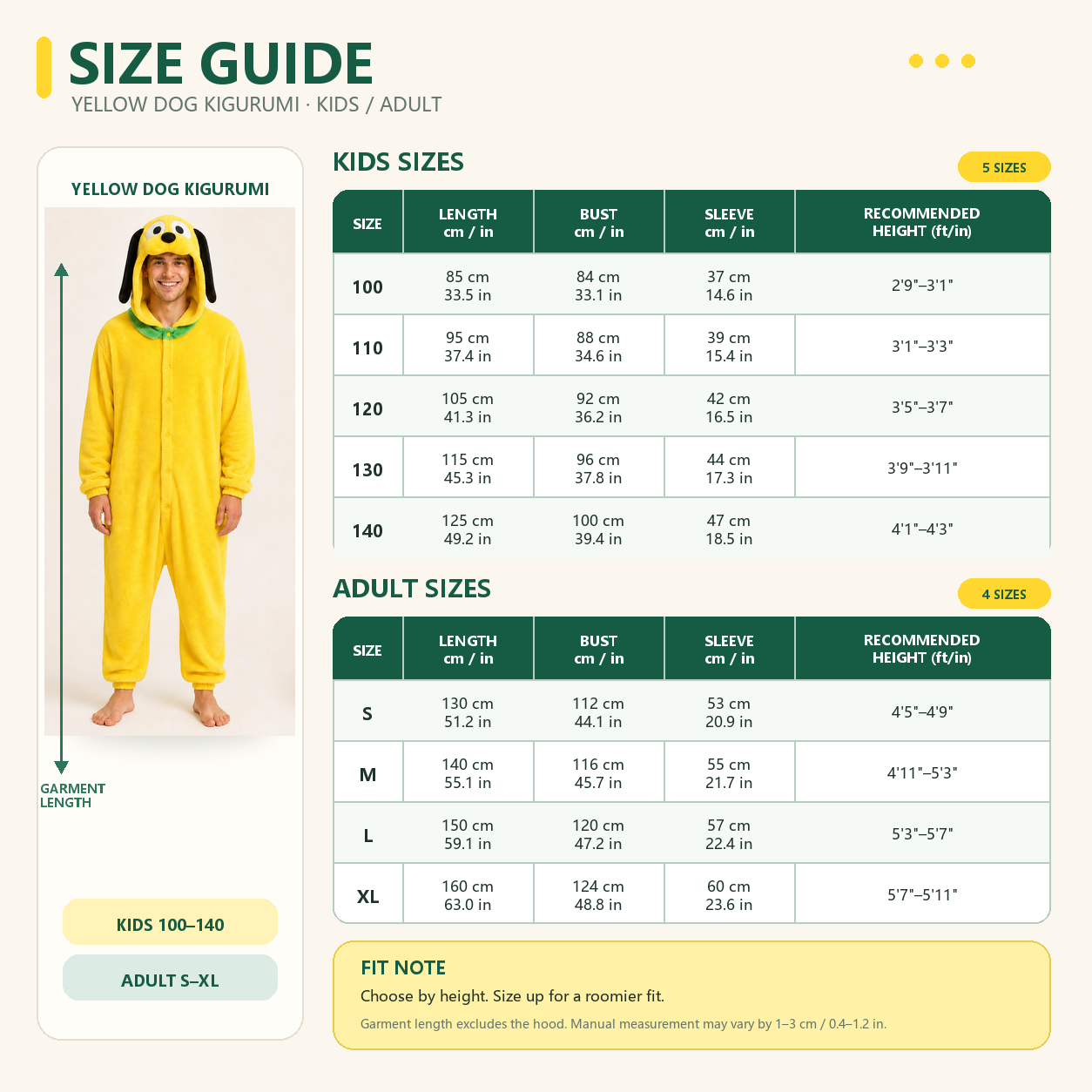 Jake the Dog kigurumi kids and adult size guide