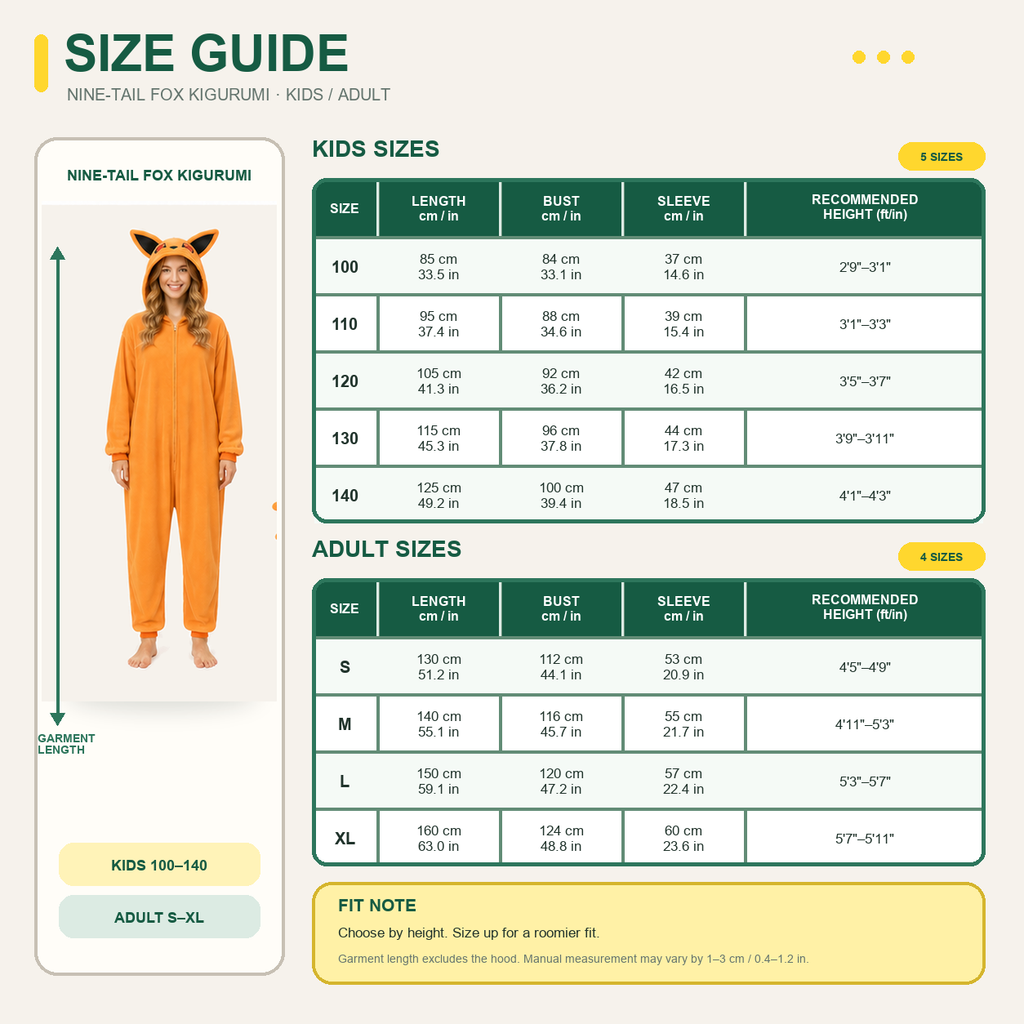 Kurama Nine-Tailed Fox Kigurumi Onesie 09 size guide