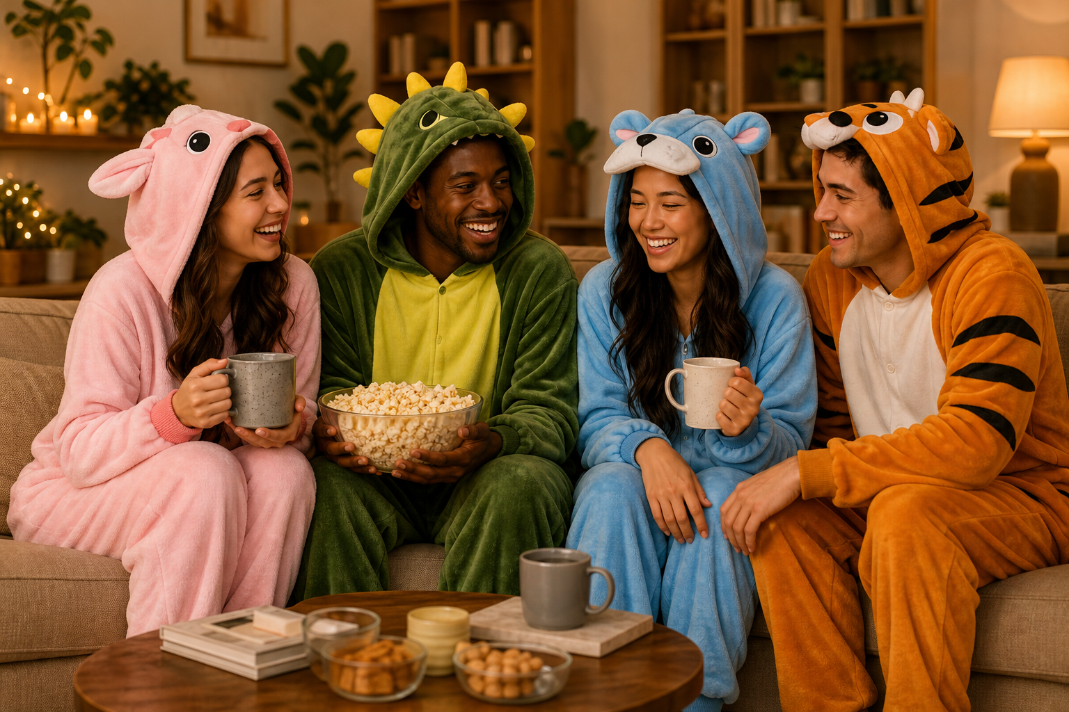 Friends wearing colorful Kigurumi onesies during a cozy night in