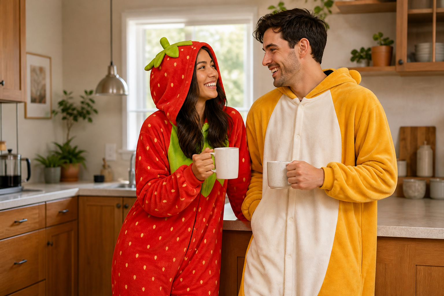 A couple enjoying a relaxed moment in playful Kigurumi onesies