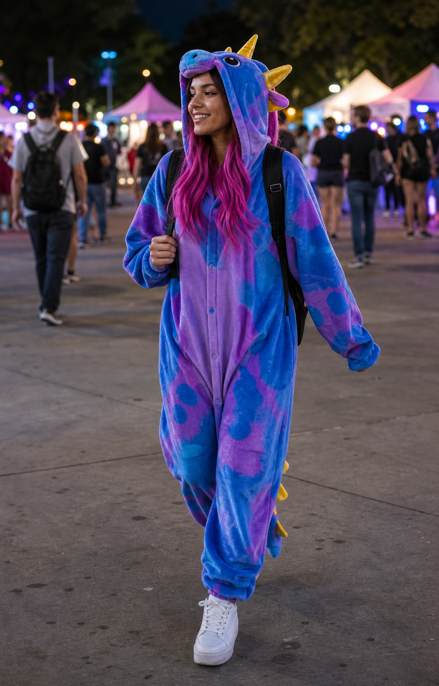 A person wearing a colorful Kigurumi onesie at an outdoor event