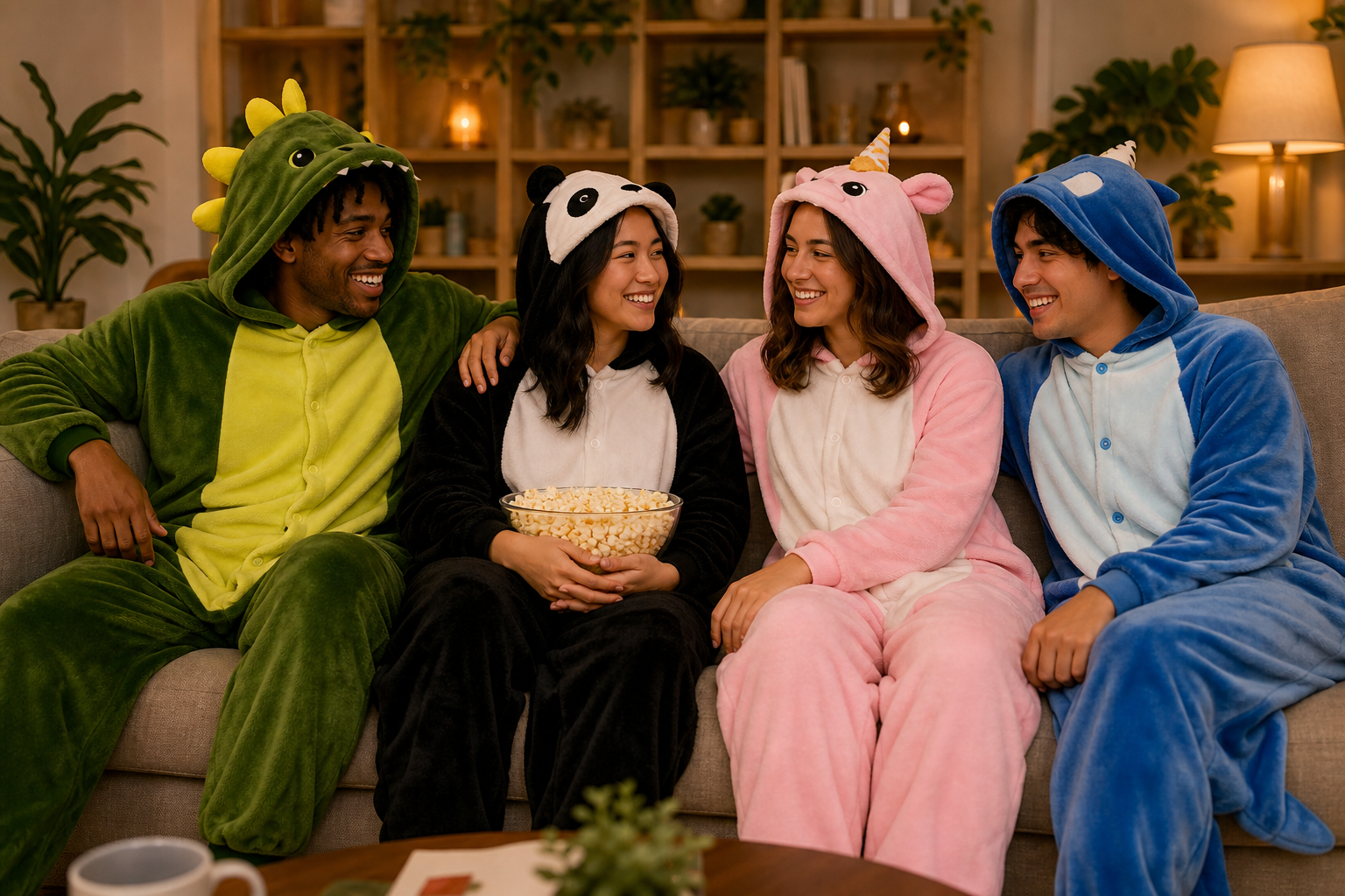 Friends relaxing together in expressive Kigurumi onesies