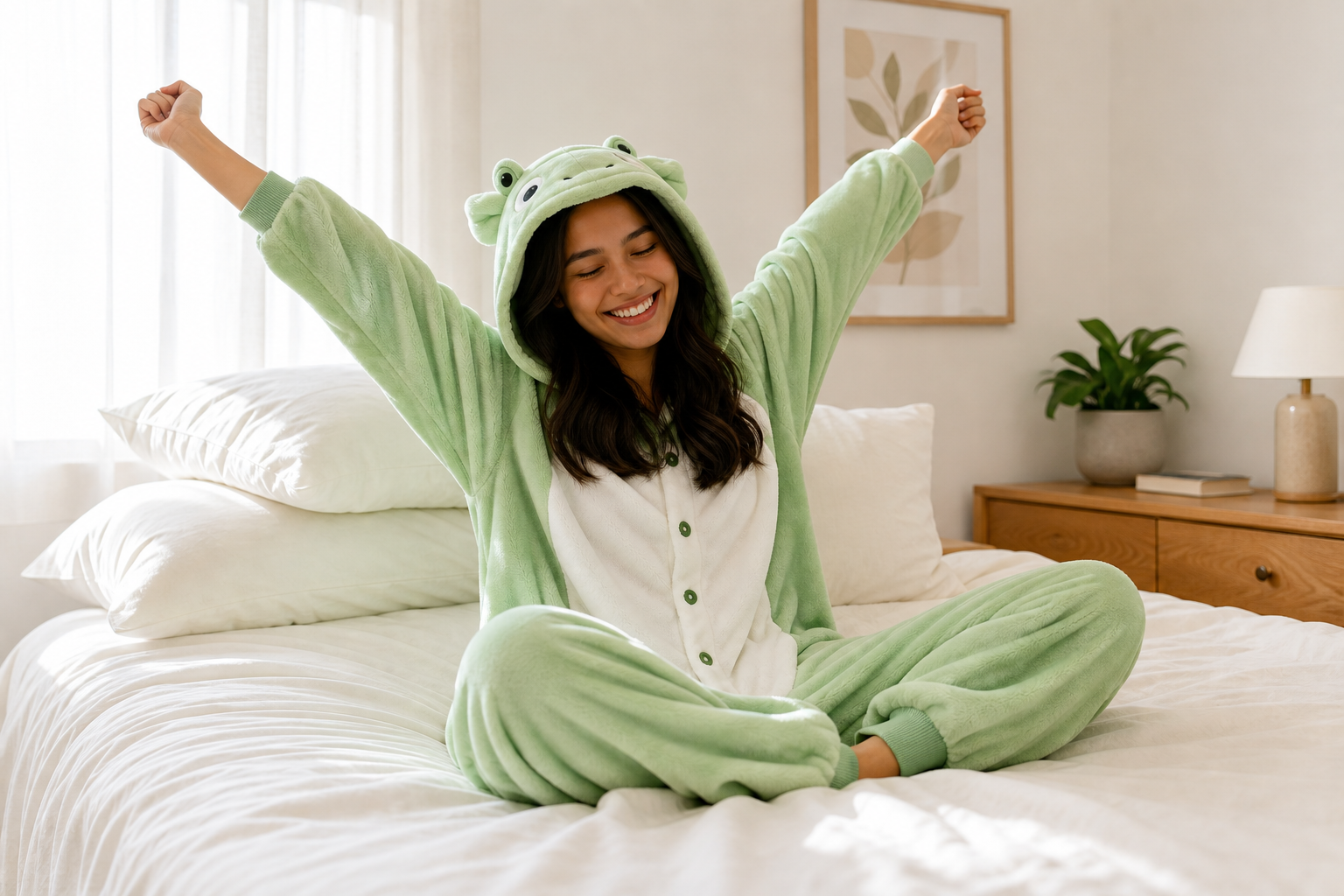 A person stretching on a bed in a soft green Kigurumi onesie