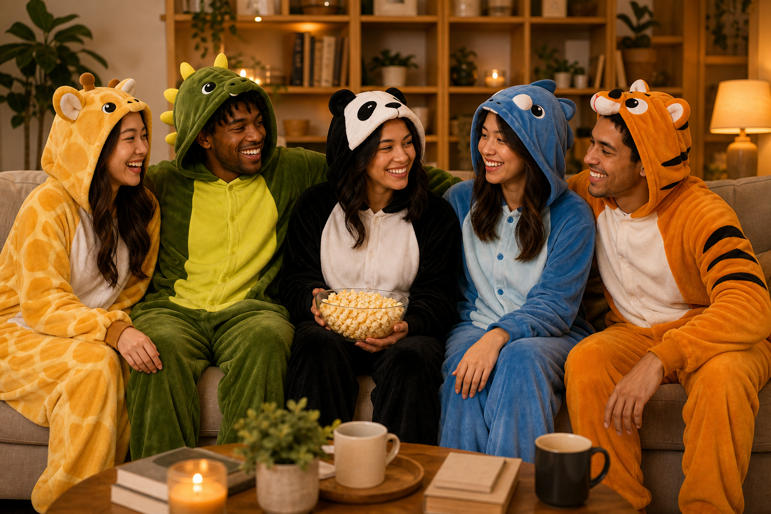 A group of friends making a memorable moment in colorful Kigurumi onesies