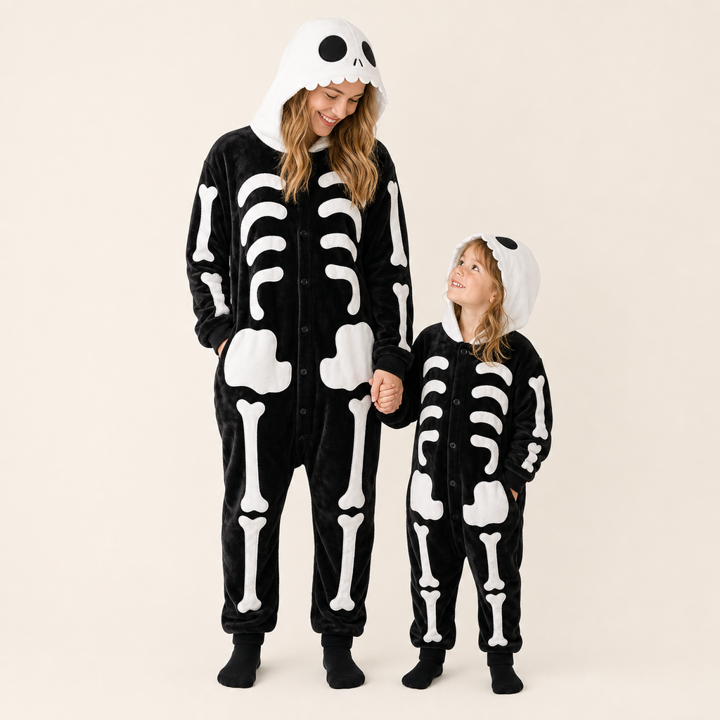 Adult and child wearing matching skeleton onesies