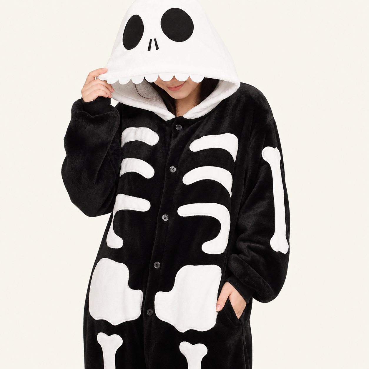 Skeleton onesie hood-up view