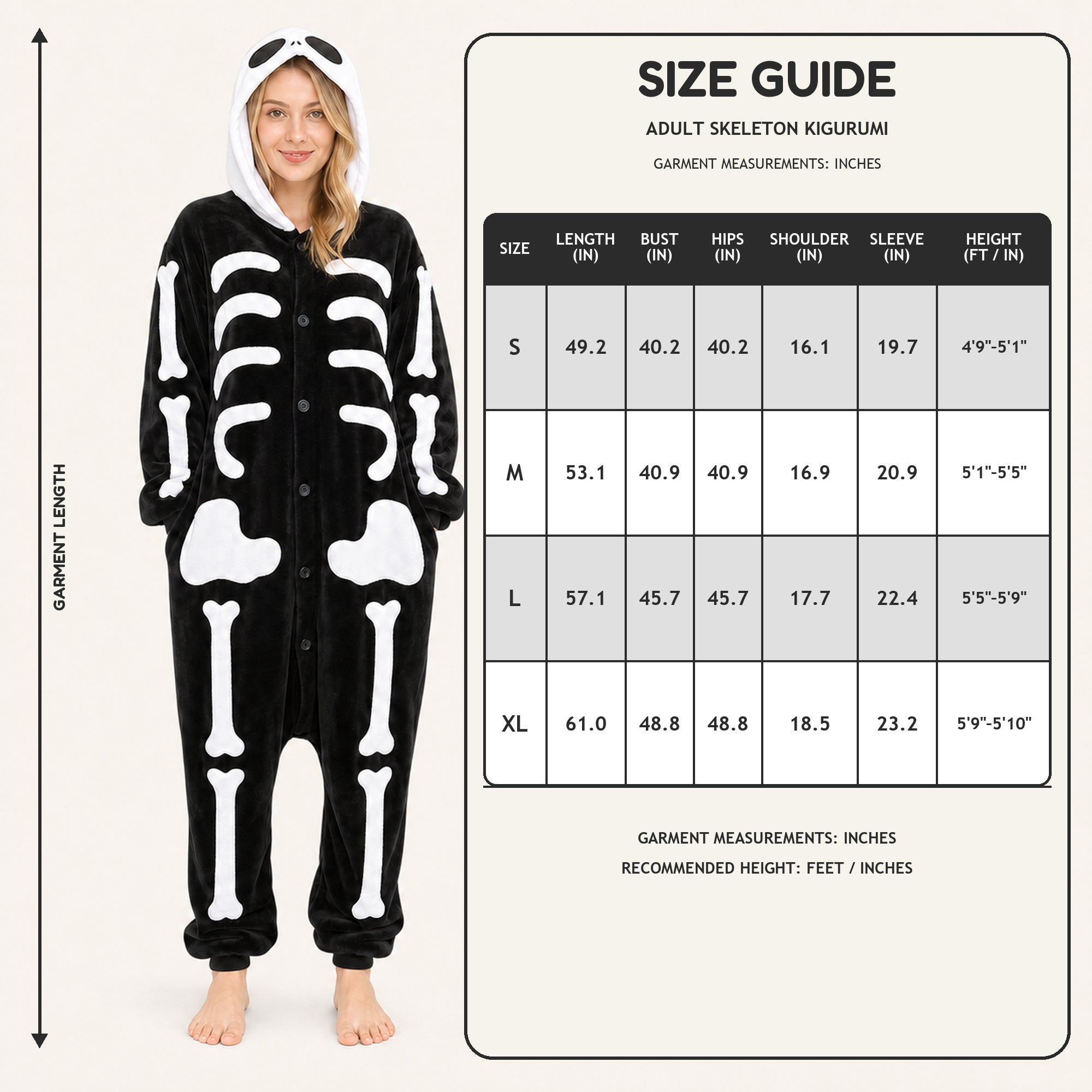 Adult skeleton kigurumi size guide