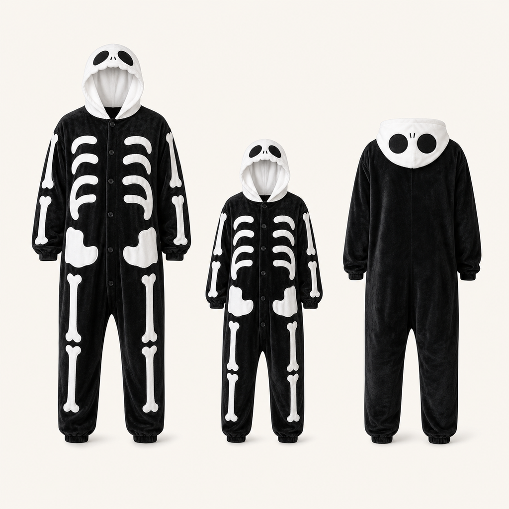 Skeleton onesie adult child and back views