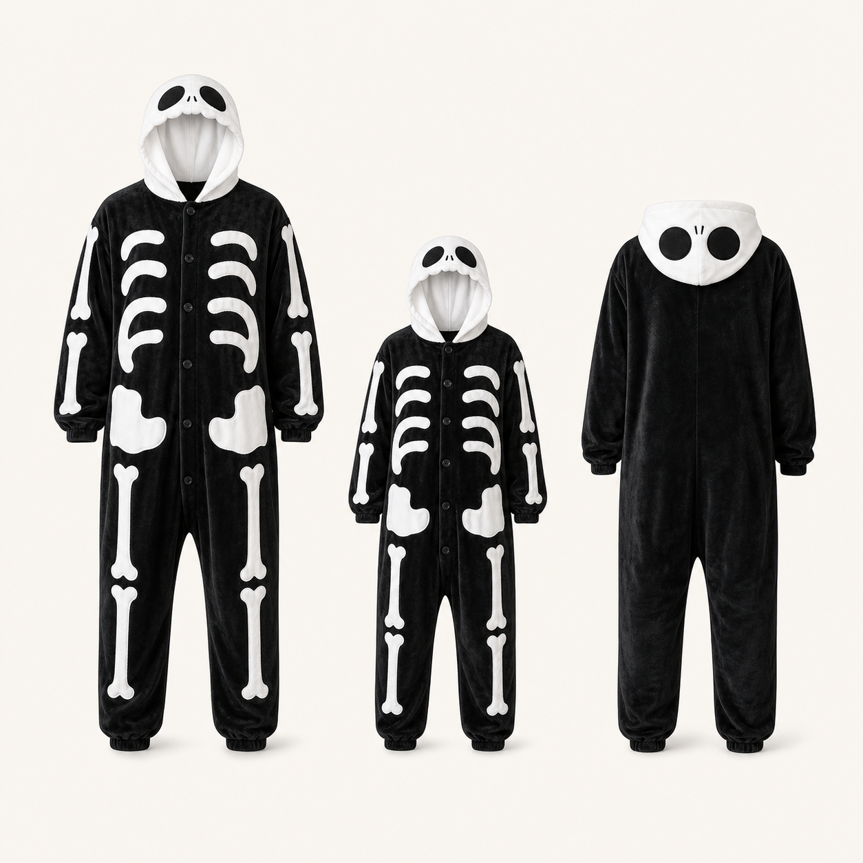 Skeleton onesie adult child and back views