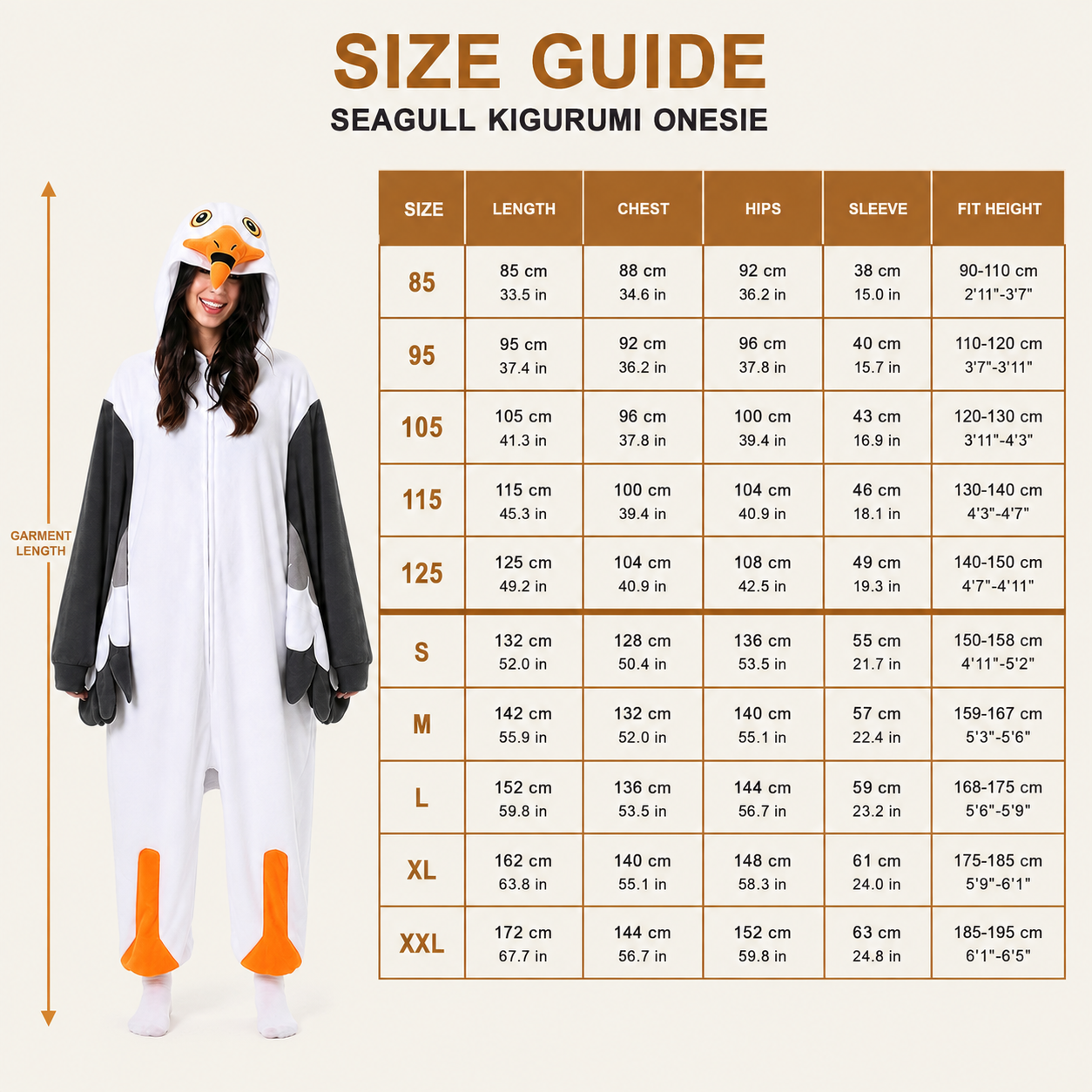 Bird Character Kigurumi Onesie - size guide v3
