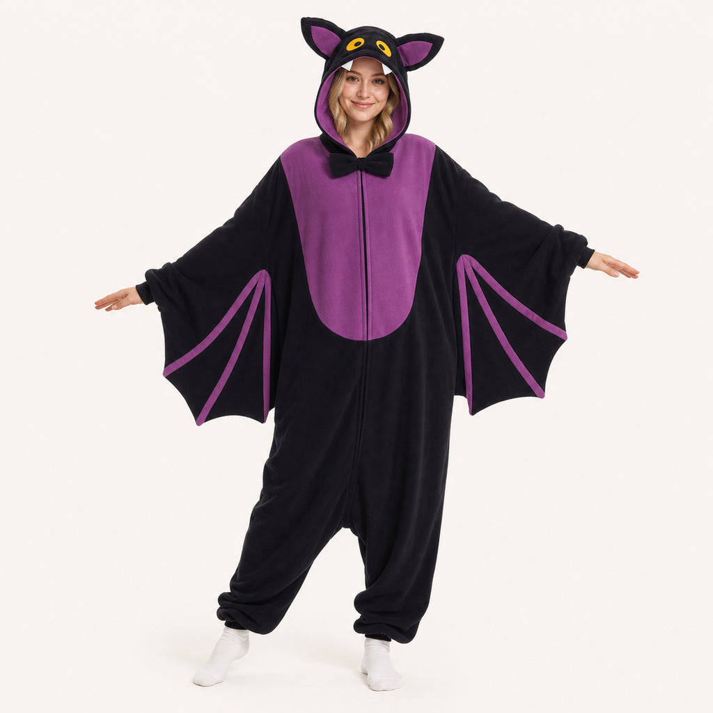 Leoxa black and purple bat kigurumi onesie – front hero view