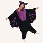 Leoxa black and purple bat kigurumi onesie – dynamic wing silhouette