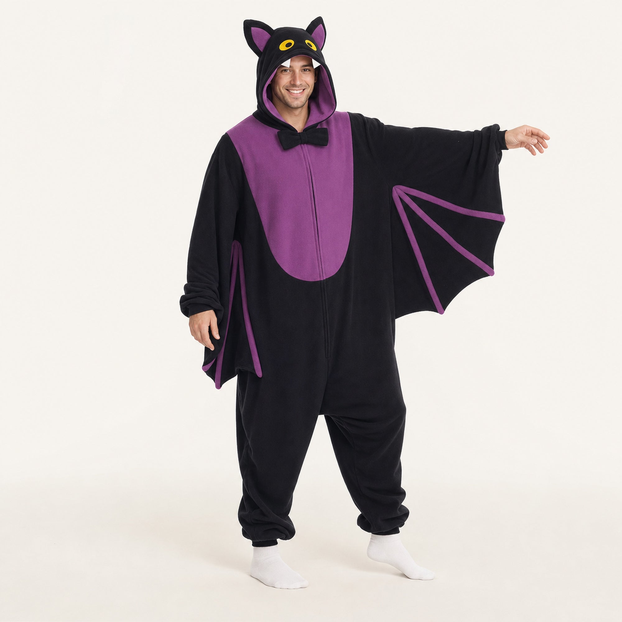 Leoxa black and purple bat kigurumi onesie – second styling view