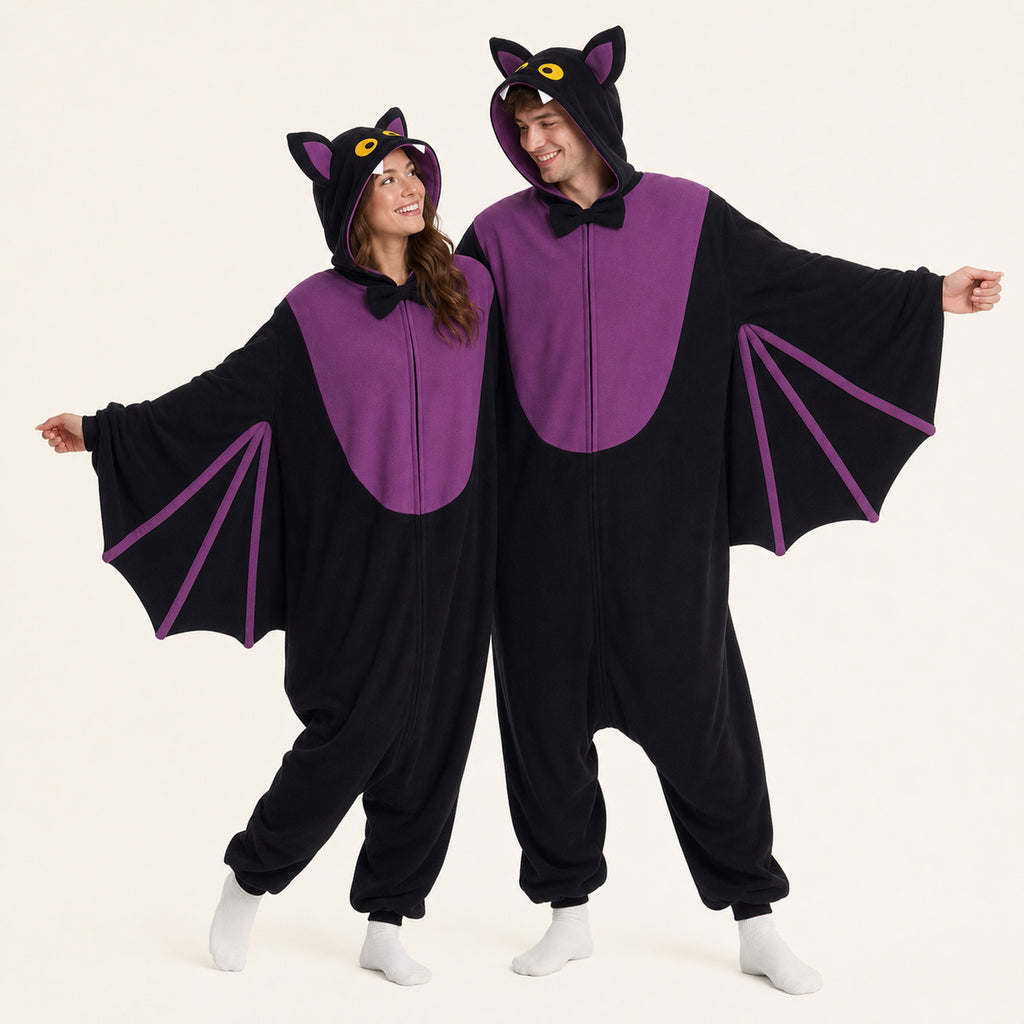 Leoxa black and purple bat kigurumi onesie – matching color styling