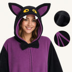 Leoxa black and purple bat kigurumi onesie – bat hood and character details