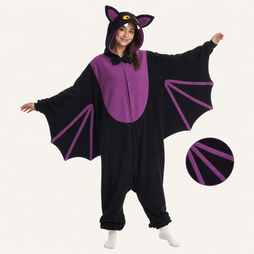 Leoxa black and purple bat kigurumi onesie – feature detail collage