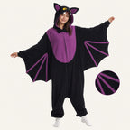 Leoxa black and purple bat kigurumi onesie – feature detail collage