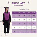 Leoxa black and purple bat kigurumi onesie – adult size and fit chart