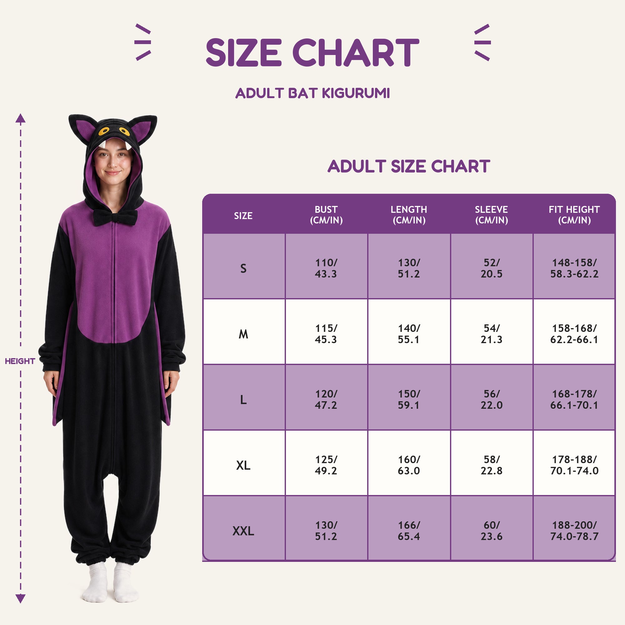 Leoxa black and purple bat kigurumi onesie – adult size and fit chart