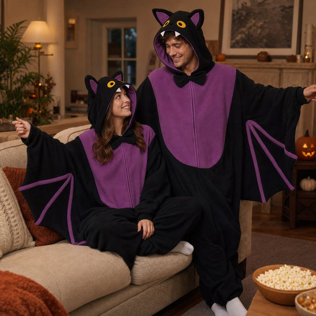 Leoxa black and purple bat kigurumi onesie – lifestyle setting