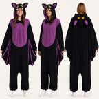 Leoxa black and purple bat kigurumi onesie – front side and back views