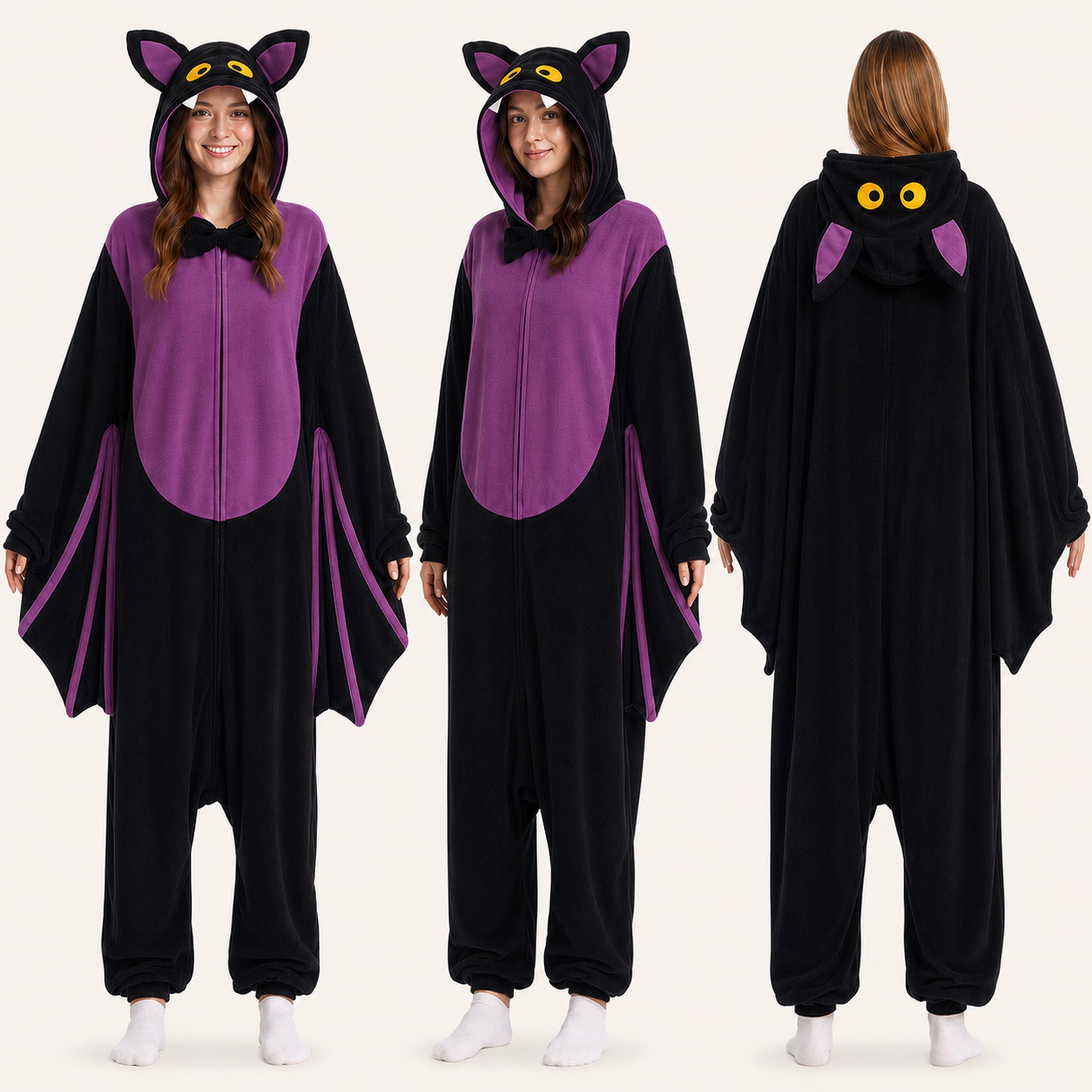 Leoxa black and purple bat kigurumi onesie – front side and back views
