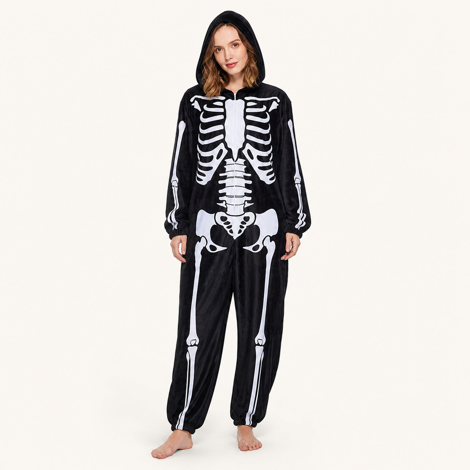 Leoxa black skeleton fleece onesie — 01 hero
