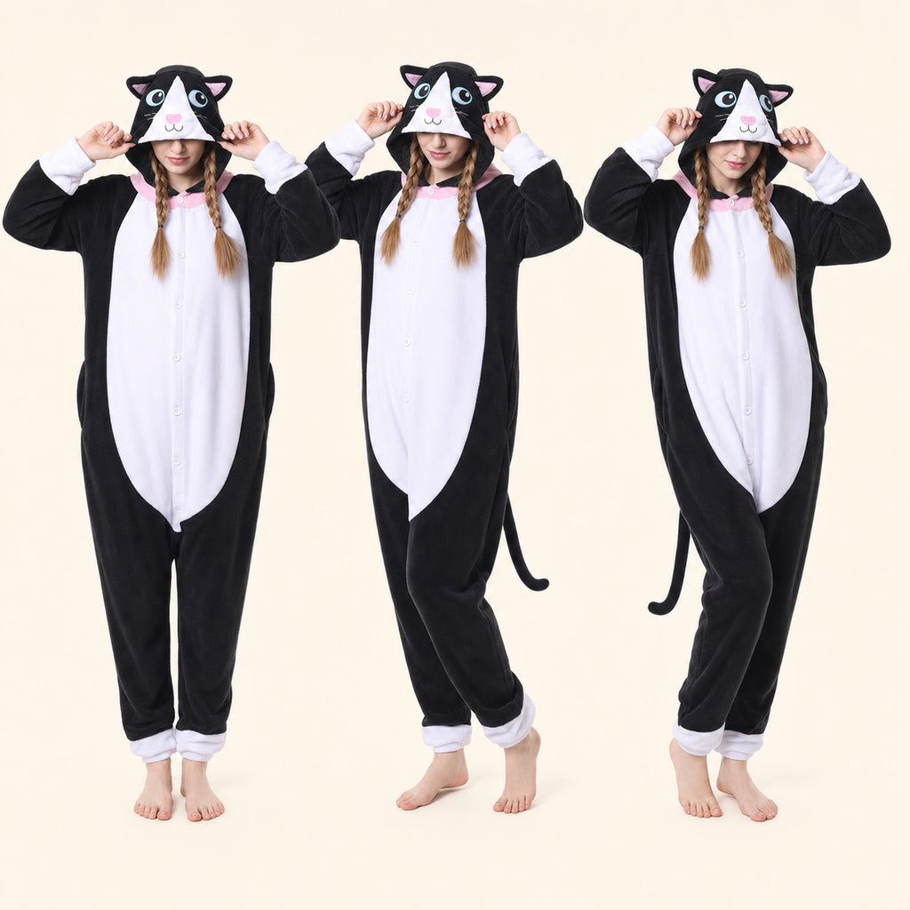 Leoxa black and white cat kigurumi onesie — 10 color lineup