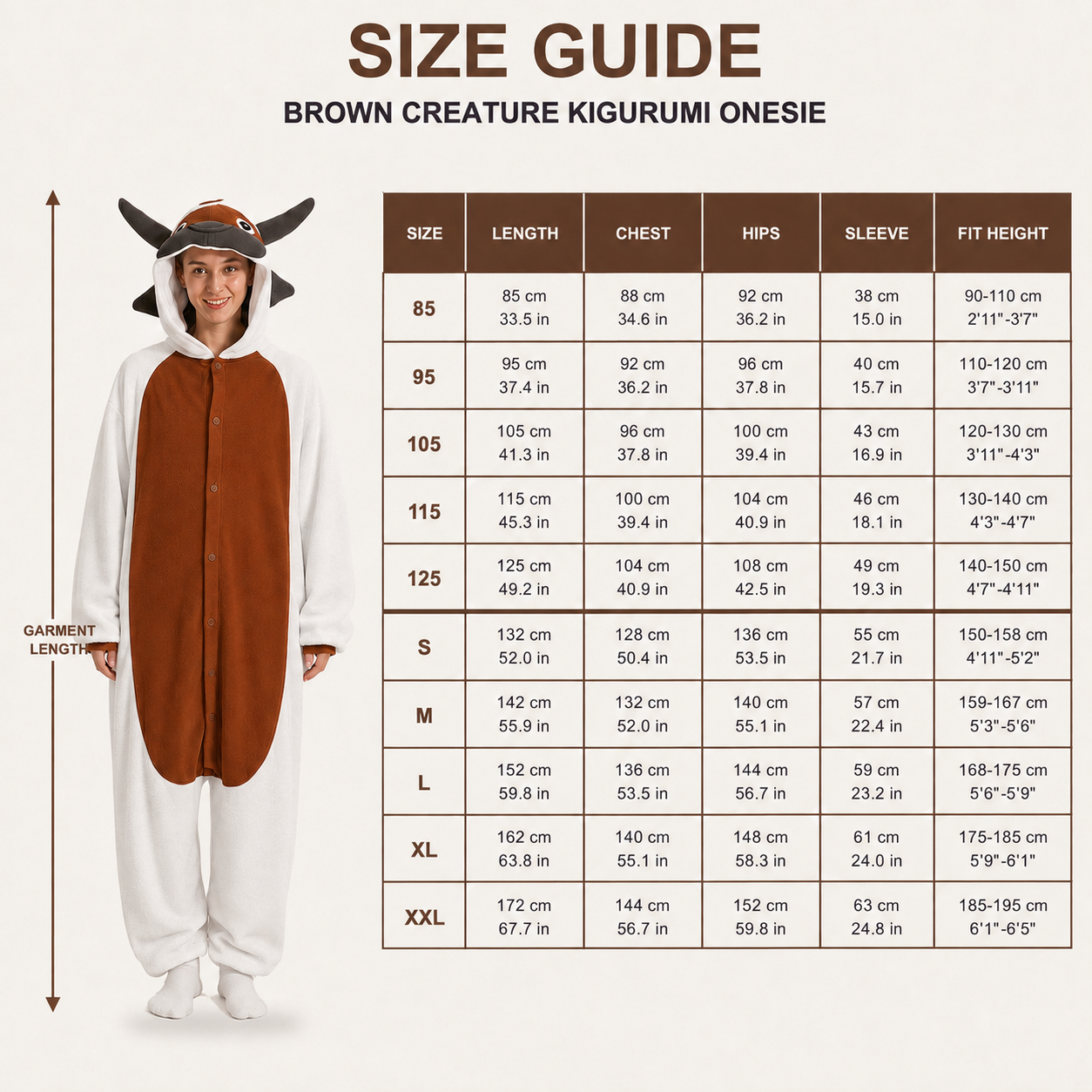 Brown Bull Kigurumi Onesie - size guide