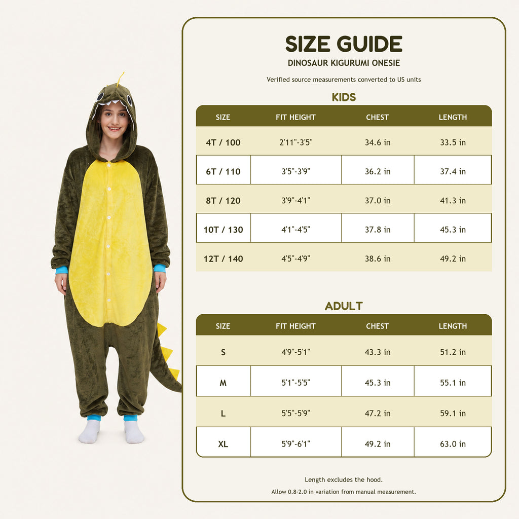 Leoxa brown dinosaur kigurumi onesie – 08 fit reference