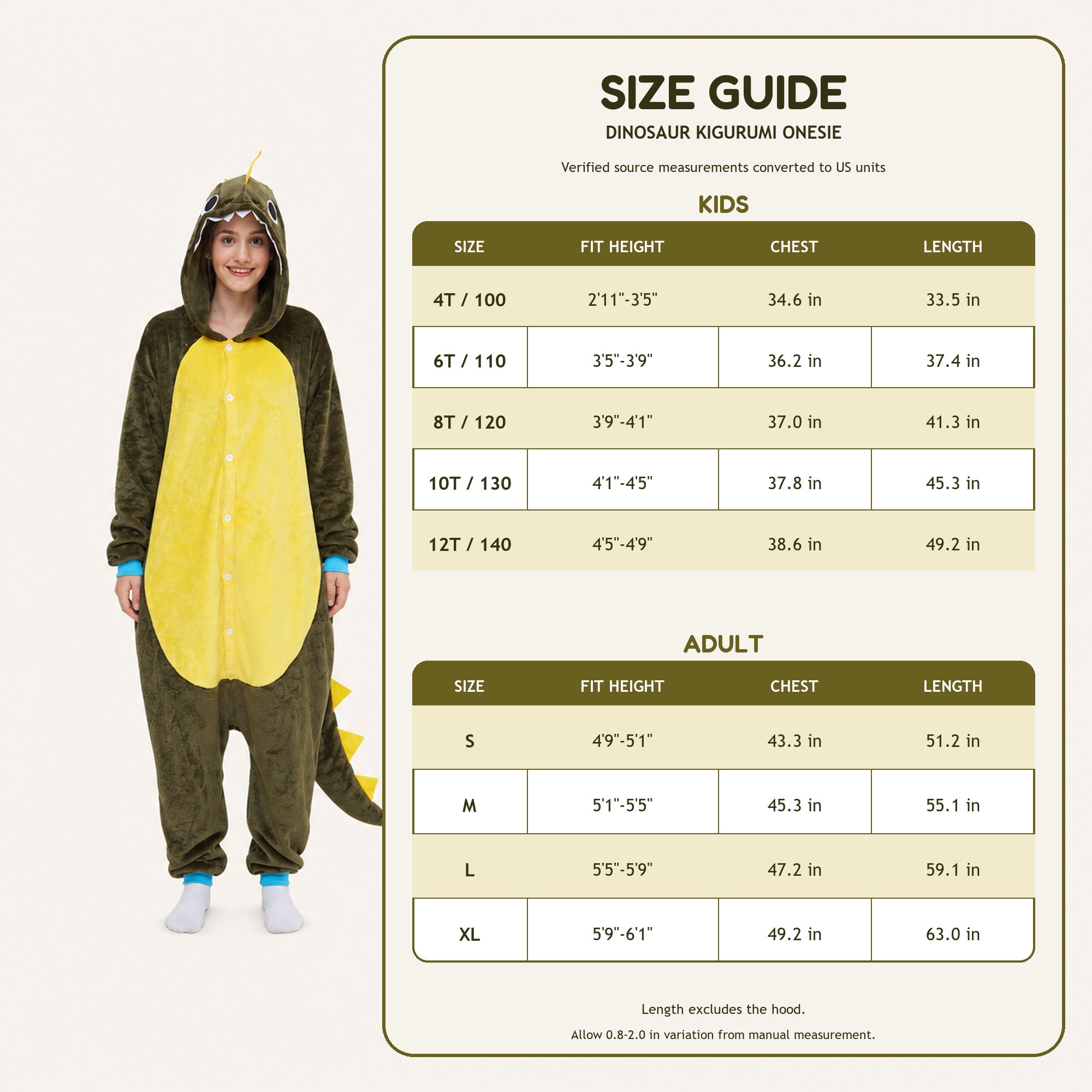 Leoxa brown dinosaur kigurumi onesie – 08 fit reference
