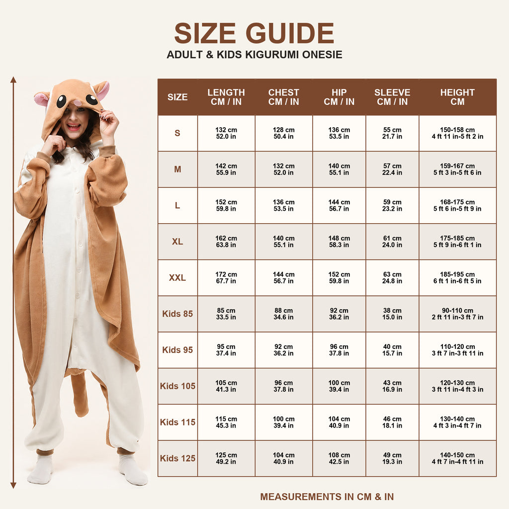 Brown Flying Squirrel Kigurumi Onesie size guide