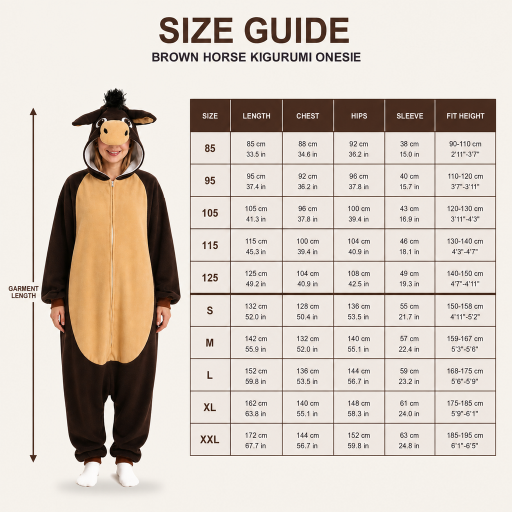 Brown Horse Kigurumi Onesie - size guide