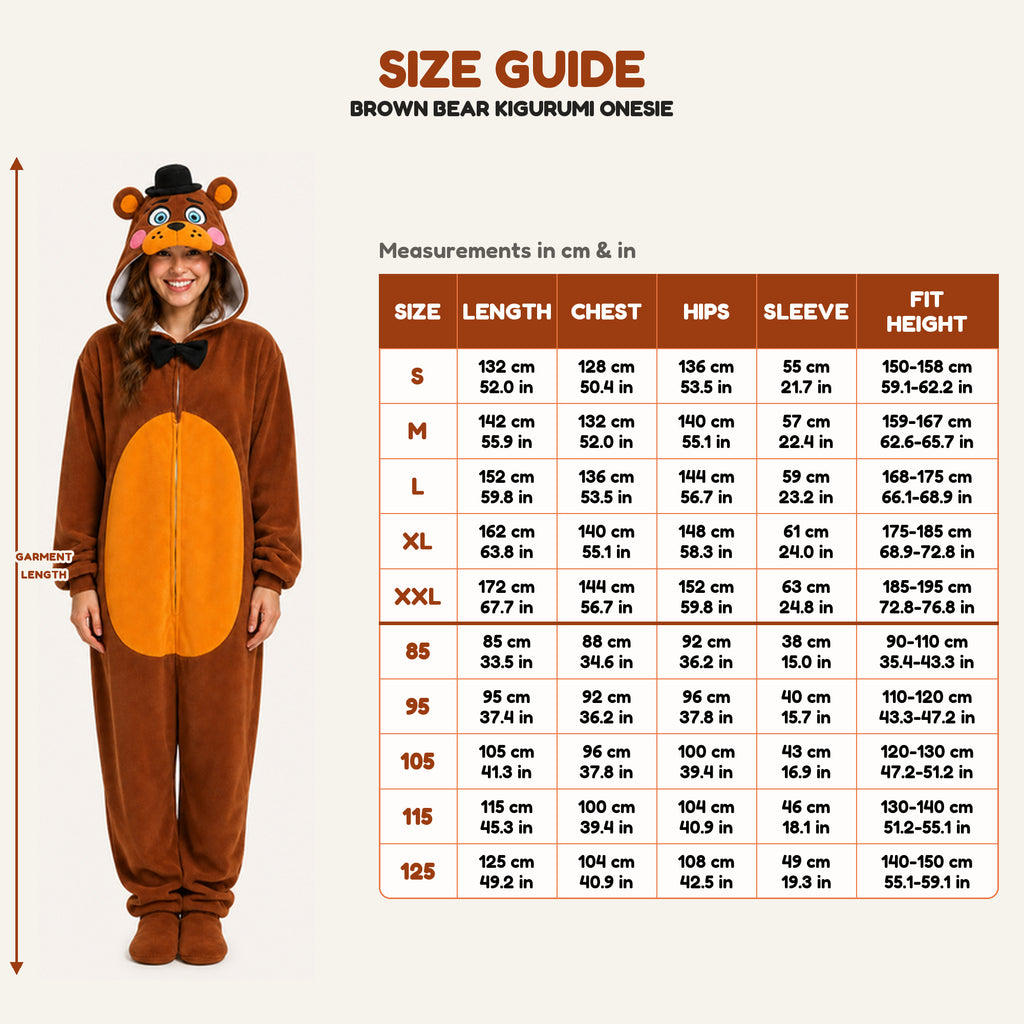 Brown Top Hat Bear Kigurumi Onesie size guide