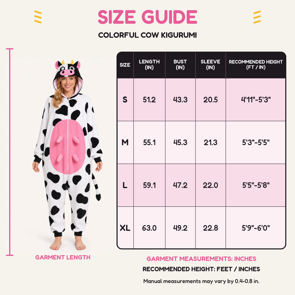 Leoxa colorful cow fleece onesie — 08 fit reference