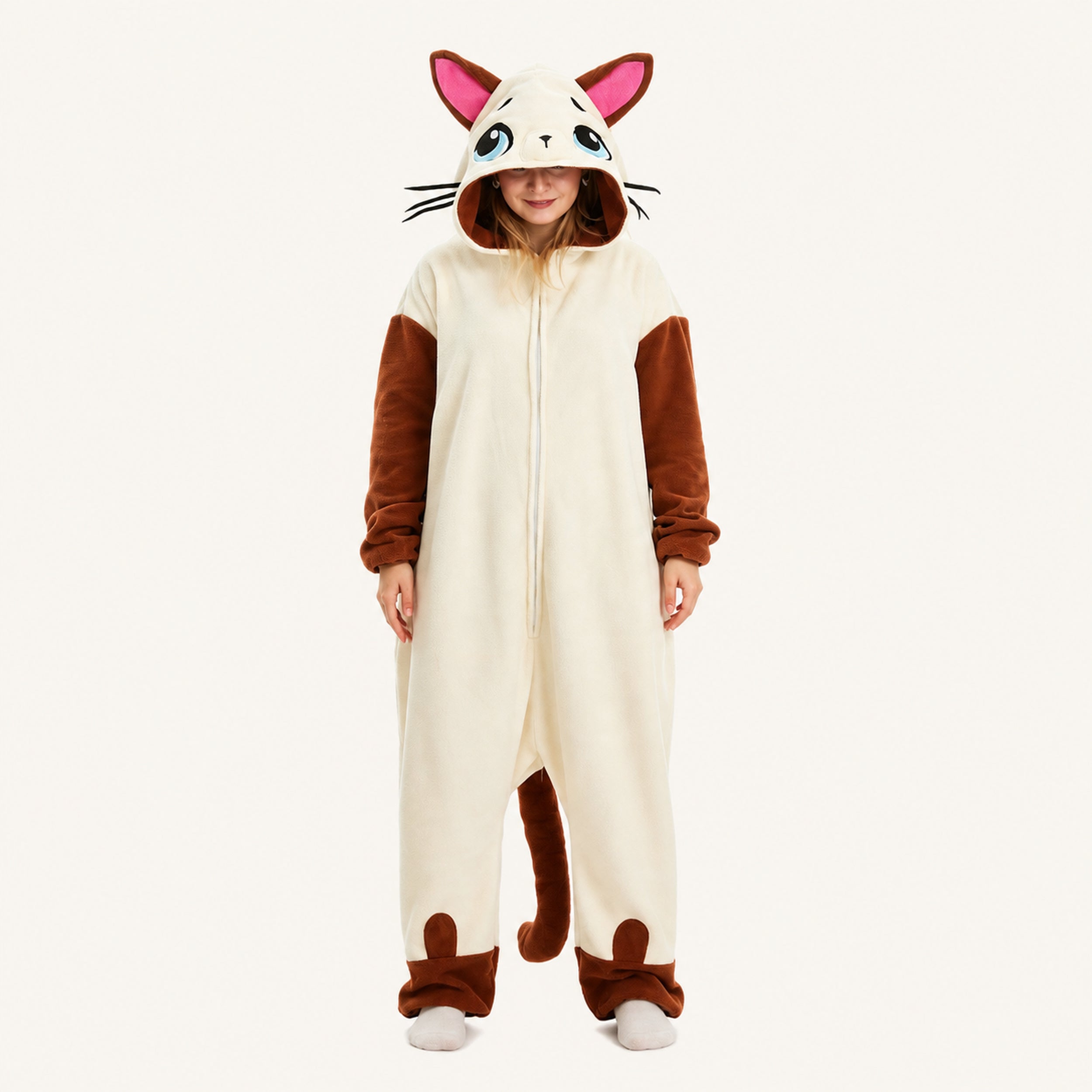 Cream Cat Kigurumi Onesie - front view