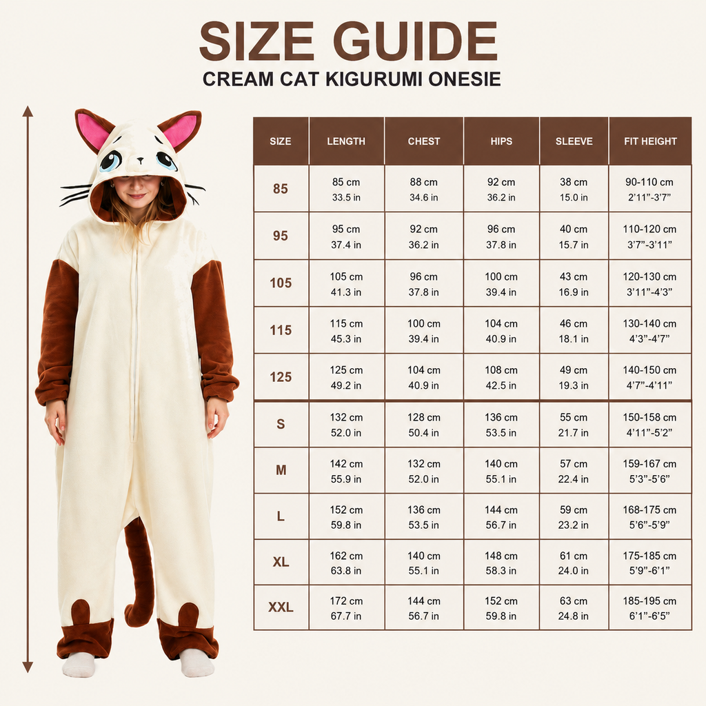 Cream Cat Kigurumi Onesie - size guide