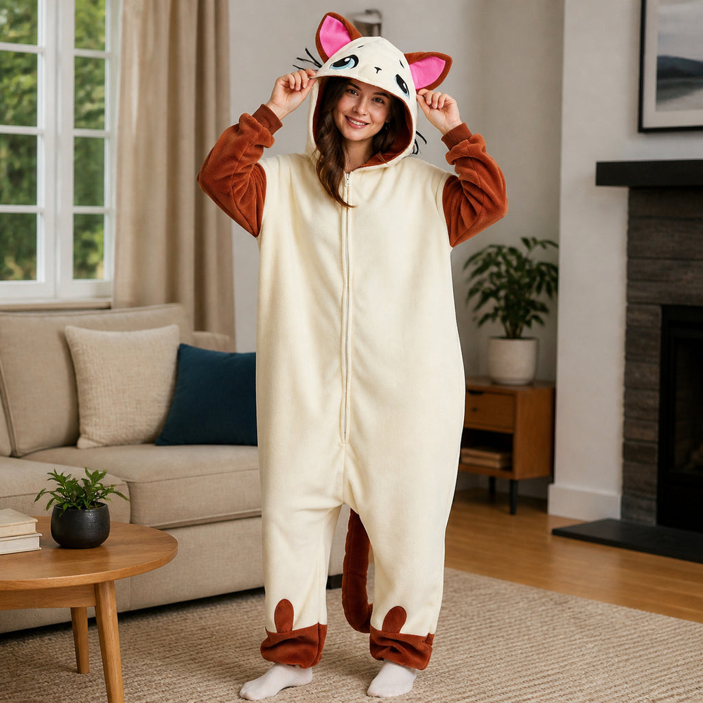 Cream Cat Kigurumi Onesie - lifestyle