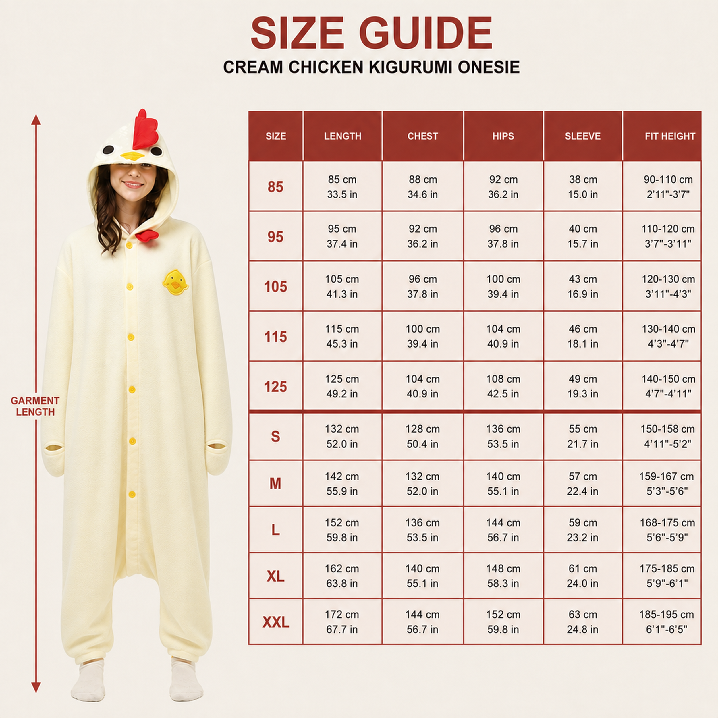 Cream Chicken Kigurumi Onesie - size guide