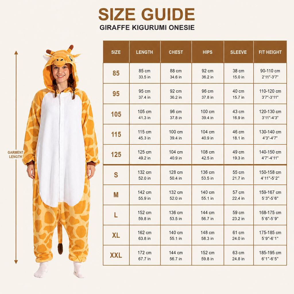Giraffe Kigurumi Onesie - size guide