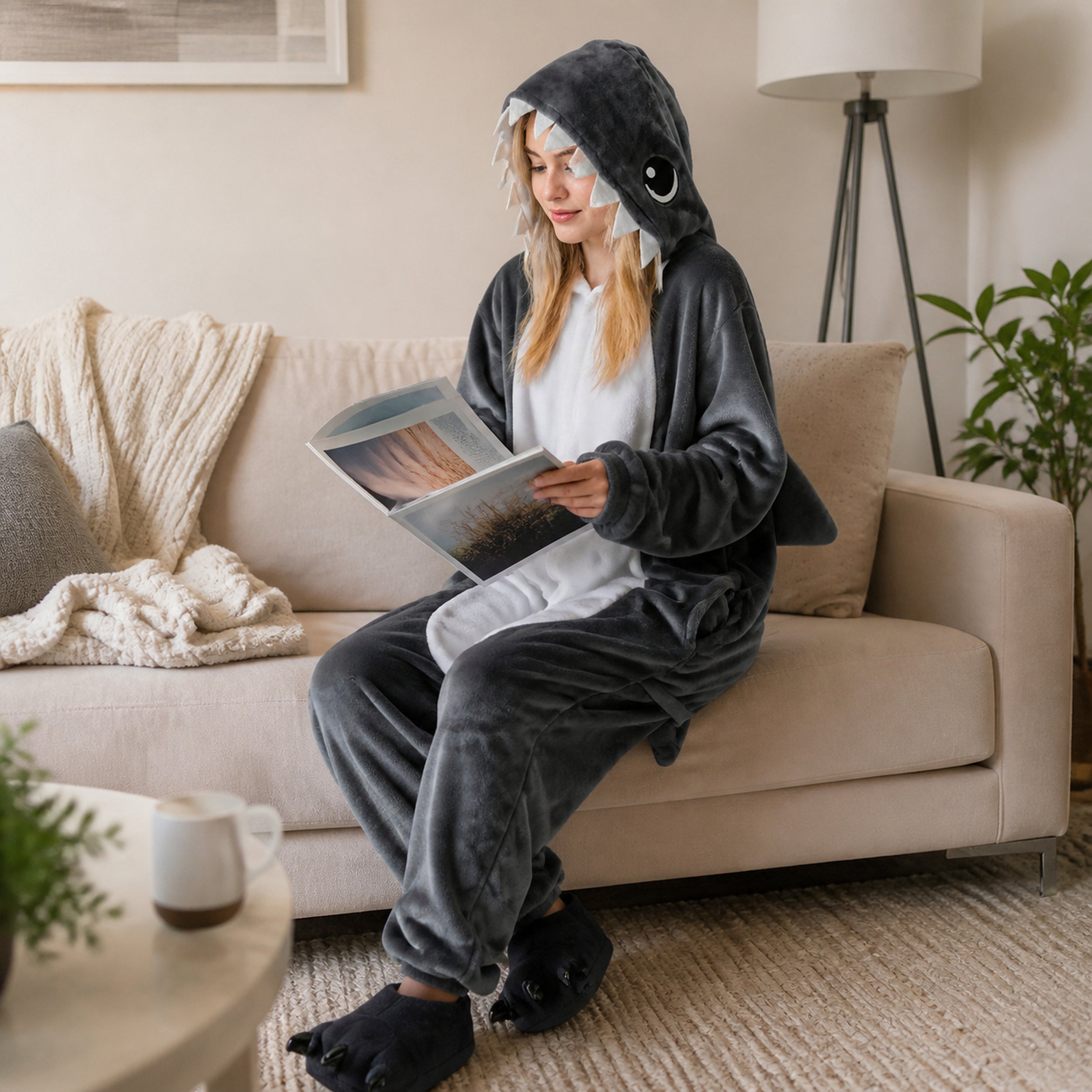 Gray Shark Kigurumi Onesie - lifestyle