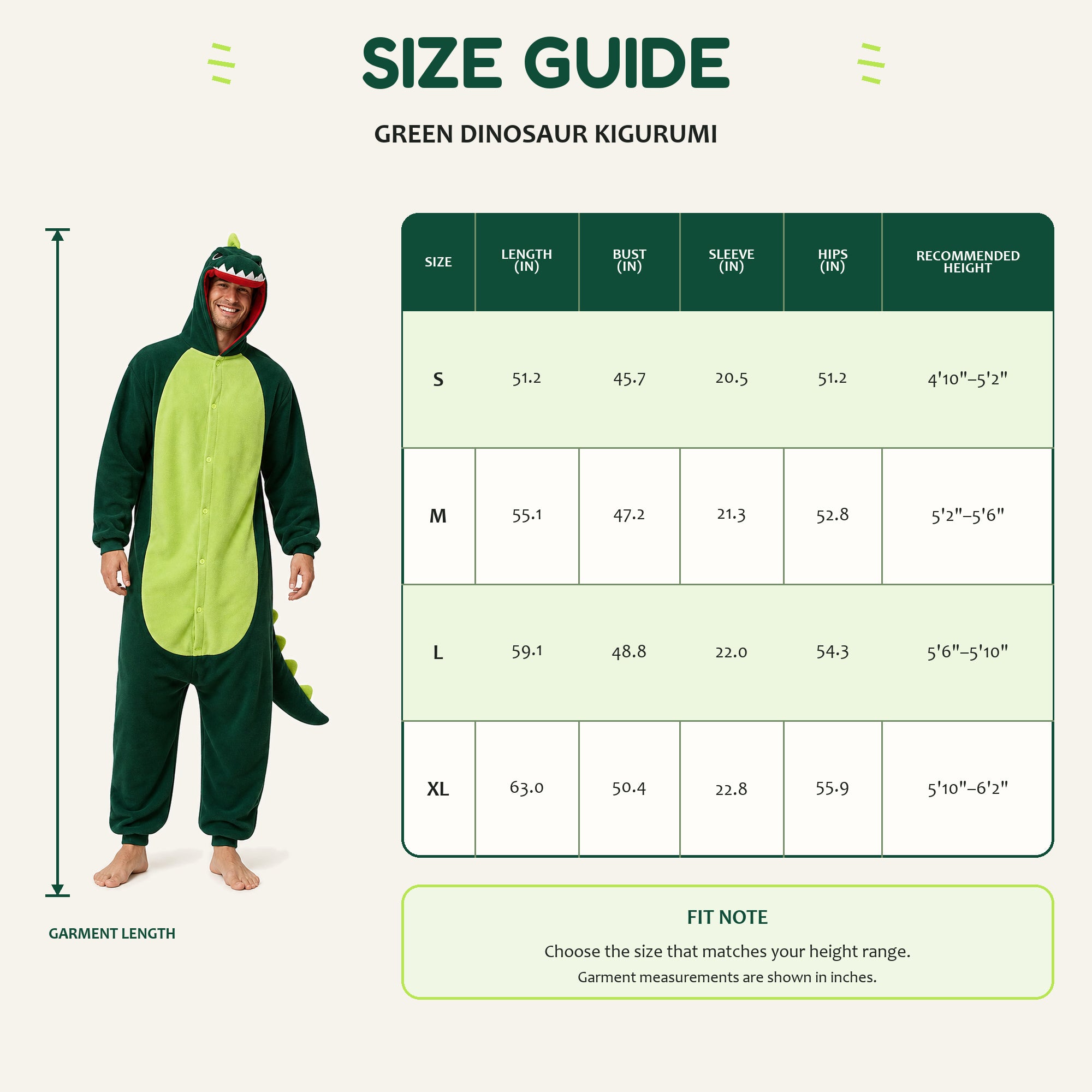 Leoxa green dinosaur kigurumi onesie – 08 fit reference