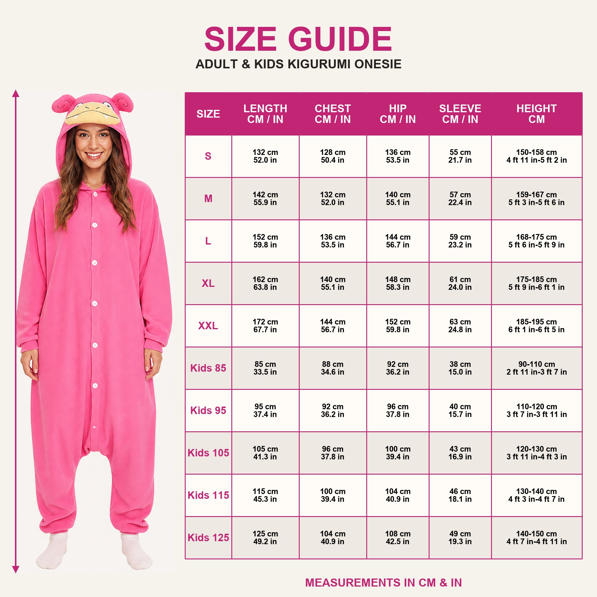 Hot Pink Creature Kigurumi Onesie size guide