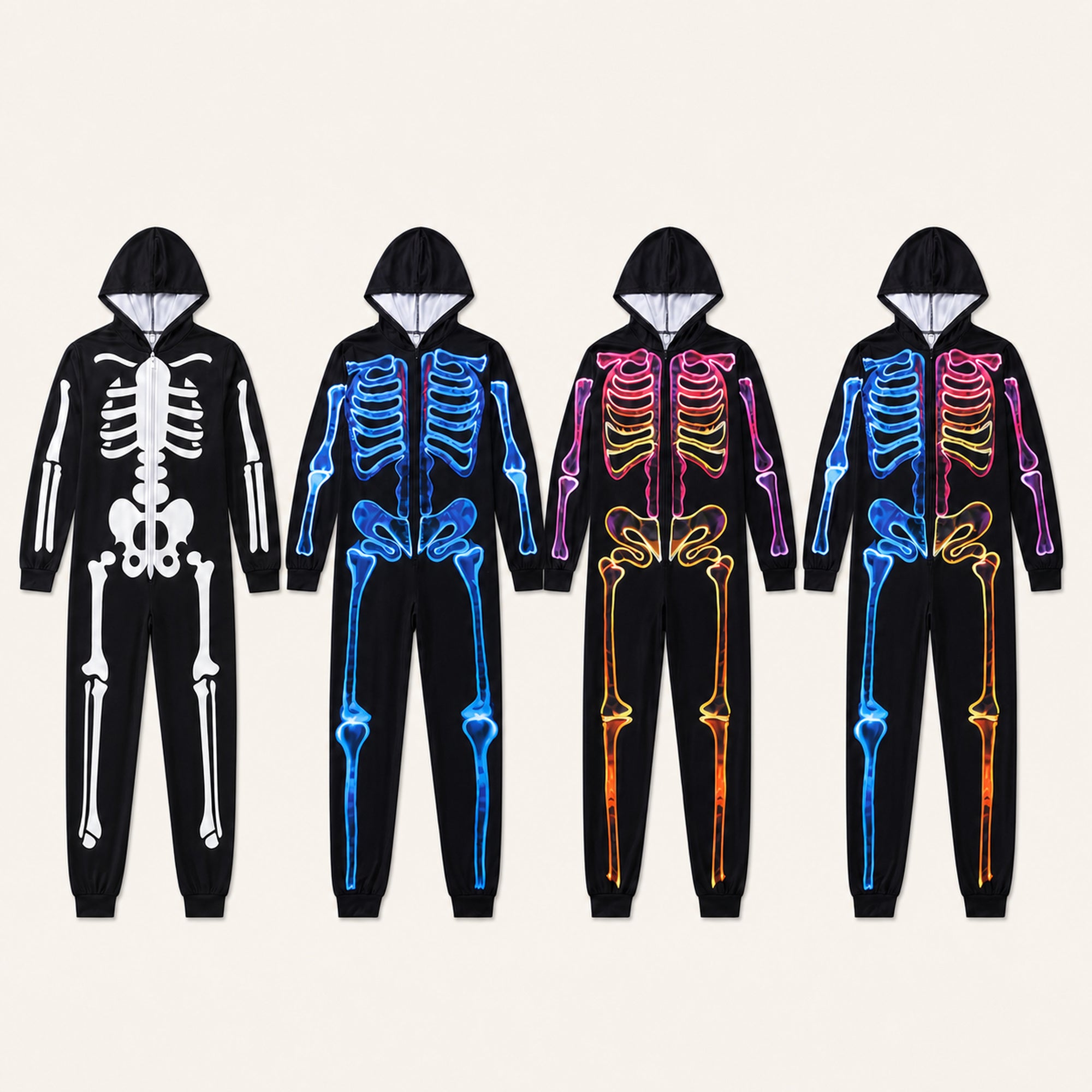 Leoxa neon skeleton hooded onesie — 10 color lineup