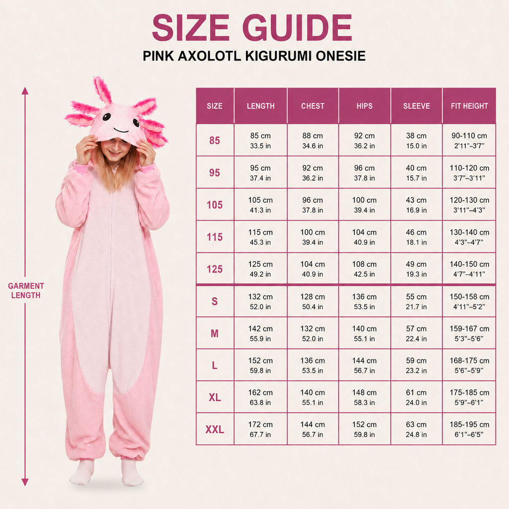 Pink Axolotl Kigurumi Onesie - size guide