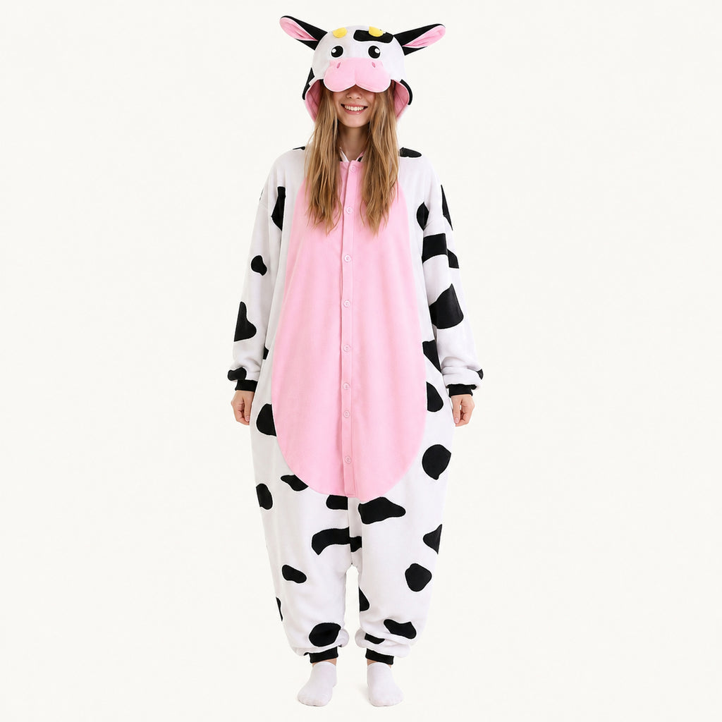 Pink Belly Cow Kigurumi Onesie - front view