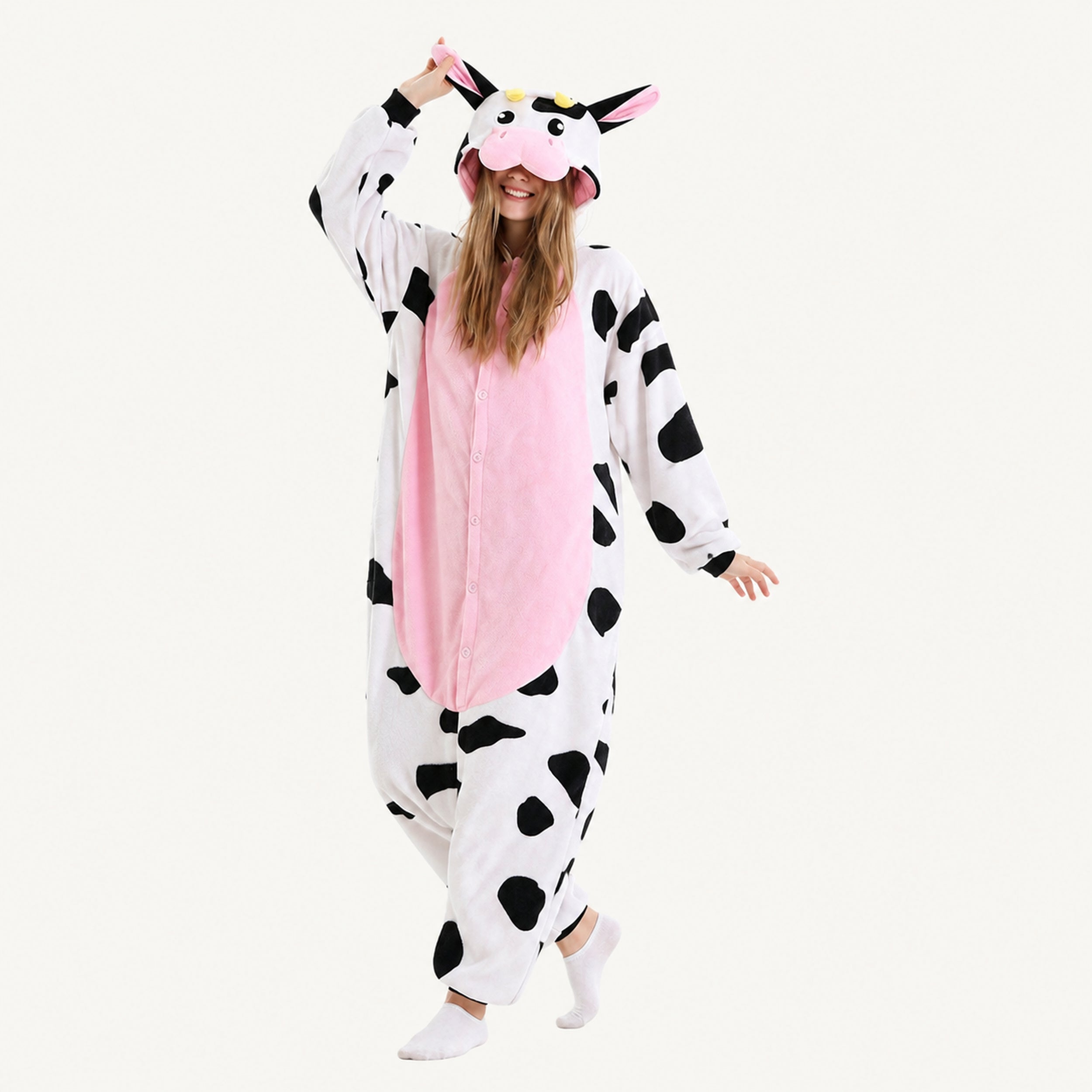 Pink Belly Cow Kigurumi Onesie - dynamic look