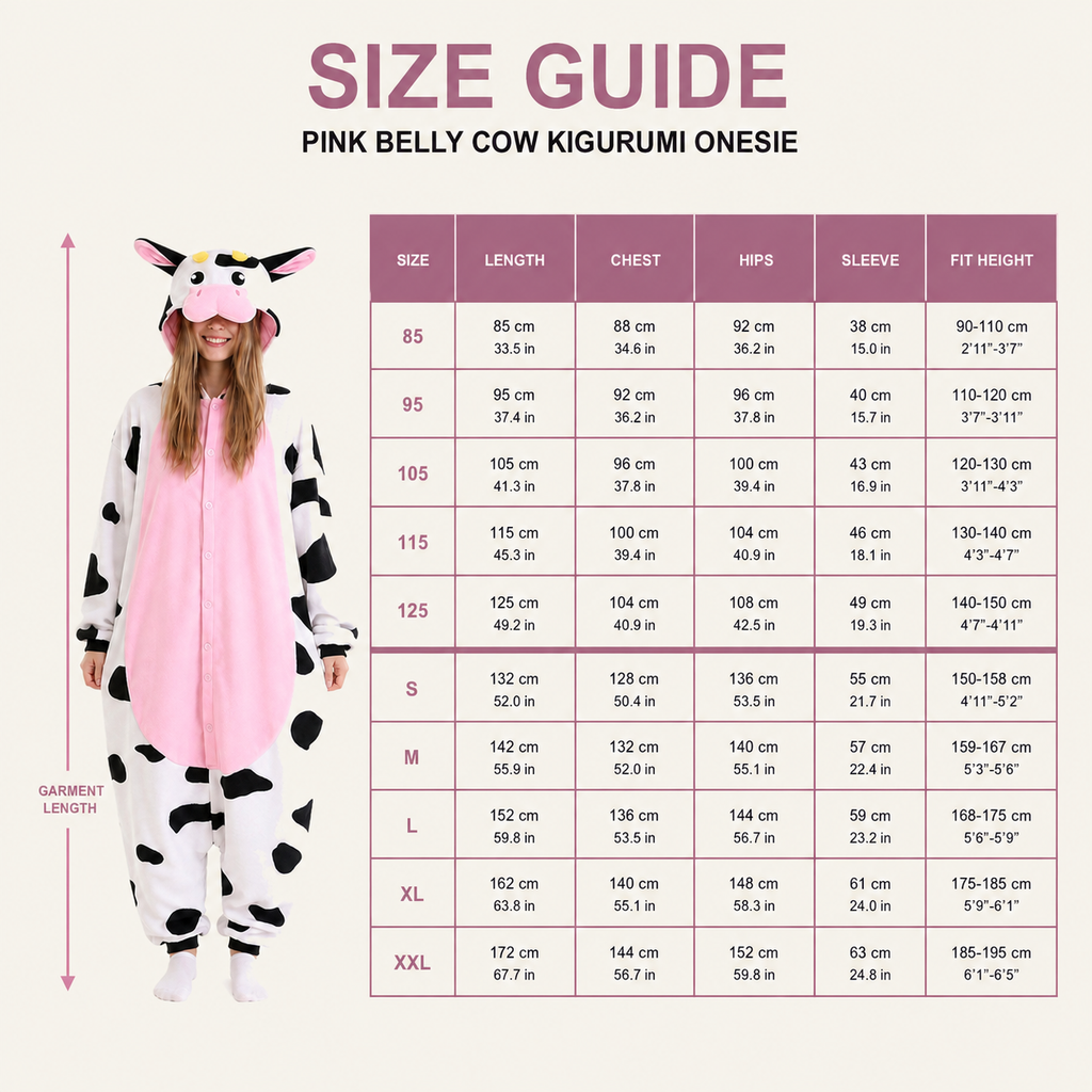 Pink Belly Cow Kigurumi Onesie - size guide